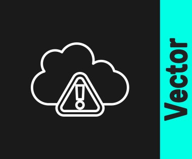 Beyaz çizgi Storm uyarı simgesi siyah arkaplanda izole edildi. Üçgen sembollü ünlem işareti. Fırtınanın hava durumu ikonu. Vektör.