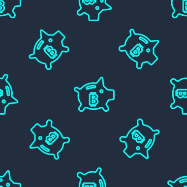 Yeşil çizgi Piggy Bank Bitcoin ikonu mavi arka planda izole edilmiş pürüzsüz desen. Tasarruf ya da para birikimi, yatırım. Vektör.