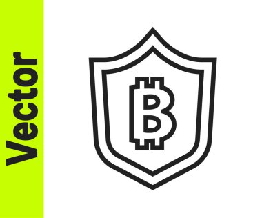 Beyaz zemin üzerinde bitcoin simgesi olan siyah çizgi kalkanı. Kripto para madenciliği, engelleme teknolojisi, güvenlik, koruma, dijital para. Vektör.