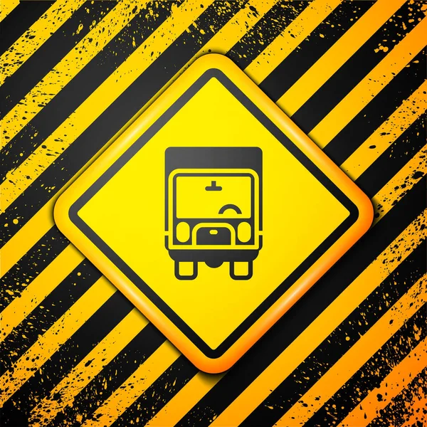 Zwarte Levering Vrachtwagen Voertuig Pictogram Geïsoleerd Gele Achtergrond Waarschuwingsbord Vector — Stockvector