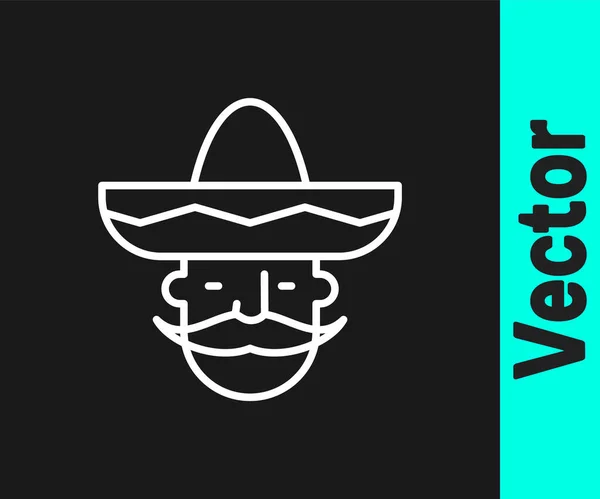Weiße Linie Mexikanischer Mann Trägt Sombrero Symbol Isoliert Auf Schwarzem — Stockvektor
