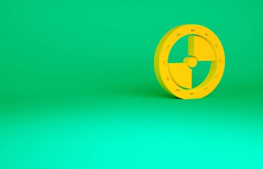 Yeşil arka planda izole edilmiş turuncu yuvarlak ahşap kalkan simgesi. Güvenlik, güvenlik, koruma, mahremiyet, koruma kavramı. Minimalizm kavramı. 3d illüstrasyon 3B canlandırma