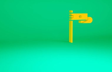 Yeşil arka planda turuncu ortaçağ bayrağı simgesi izole edildi. Bir kral ya da kraliçe tarafından yönetilen ülke, devlet ya da bölge. Minimalizm kavramı. 3d illüstrasyon 3B canlandırma