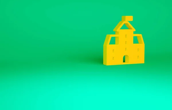 橙色城堡图标孤立在绿色背景。中世纪的城堡和塔楼免遭敌人的攻击。城市的可靠性和防御性。最低纲领的概念。3D渲染3D插图 — 图库照片