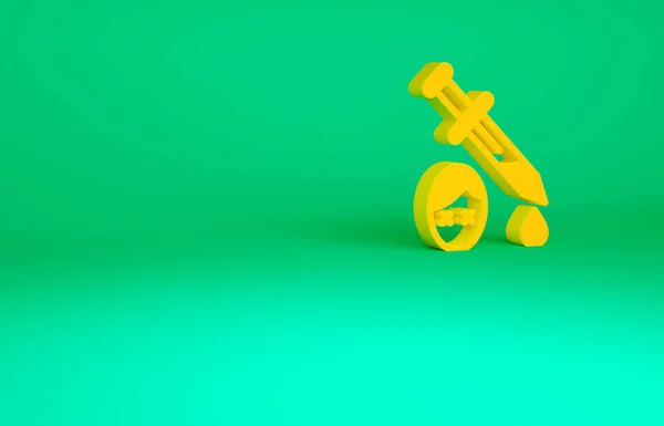 Pomarańczowy Miecz z ikoną krwi na zielonym tle. Średniowieczny rycerz broni i żołnierz. Symbol morderstwa. Koncepcja minimalizmu. Ilustracja 3D 3D renderowania — Zdjęcie stockowe