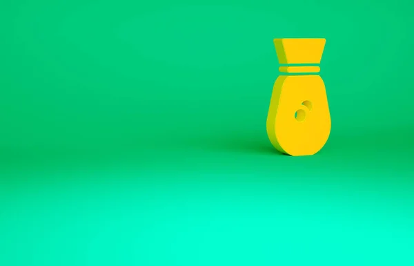 Иконка оранжевого старого денежного мешка выделена на зеленом фоне. Валютный знак Cash Banking. Концепция минимализма. 3D-рендеринг — стоковое фото