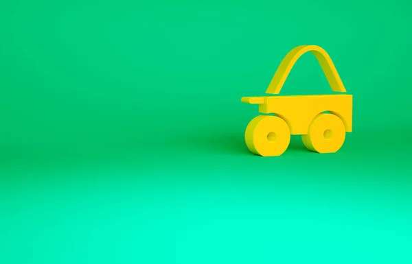 Carrinho de quatro rodas de madeira laranja com ícone de feno isolado no fundo verde. Conceito de minimalismo. 3D ilustração 3D render — Fotografia de Stock