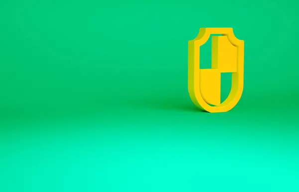 緑の背景に隔離されたオレンジシールドアイコン。警備員のサイン。セキュリティ、安全性、保護、プライバシーの概念。最小限の概念。3Dイラスト3Dレンダリング — ストック写真