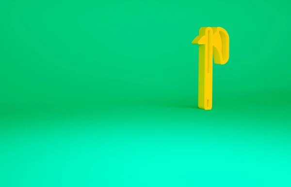 Icono de hacha medieval naranja aislado sobre fondo verde. Hacha de batalla, hacha ejecutora. Arma medieval. Concepto minimalista. 3D ilustración 3D render —  Fotos de Stock