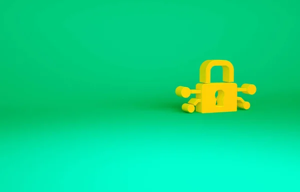 Icône de cybersécurité orange isolée sur fond vert. Cadenas fermé sur carte de circuit numérique. Concept de sécurité. Protection des données numériques. Concept de minimalisme. Illustration 3D rendu 3D — Photo