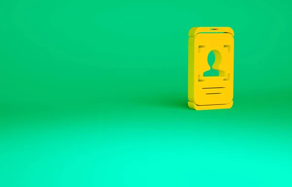 Orange Mobile phone and face recognition icon isolated on green background. Face identification scanner icon. Facial id. Cyber security. Minimalism concept. 3d illustration 3D render — Stock Photo, Image