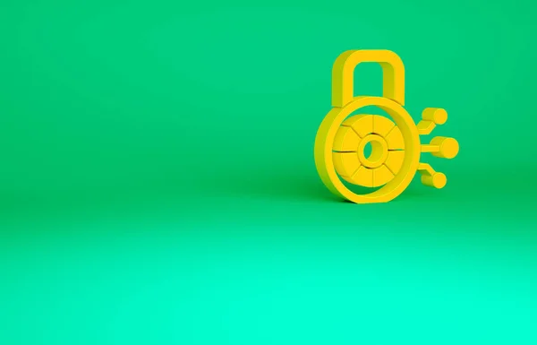 Orange Cyber security ikon isolerad på grön bakgrund. Stängt hänglås på digitalt kretskort. Säkerhetskoncept Digitalt dataskydd. Minimalistiskt koncept. 3D-återgivning för 3D — Stockfoto