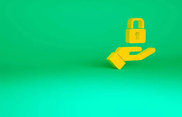 オレンジ緑の背景に隔離された手のアイコンをロックします。南京錠のサイン。セキュリティ、安全性、保護、プライバシーの概念。最小限の概念。3Dイラスト3Dレンダリング — ストック写真