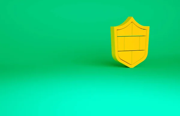 Bouclier orange avec icône murale en brique de cybersécurité isolée sur fond vert. Symbole de protection des données Pare-feu. Protection du réseau. Concept de minimalisme. Illustration 3D rendu 3D — Photo