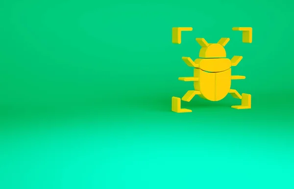 Orangefarbenes Bug-Konzept-Symbol auf grünem Hintergrund isoliert. Code Bug Konzept. Fehler im System. Fehlersuche. Minimalismus-Konzept. 3D Illustration 3D Renderer — Stockfoto