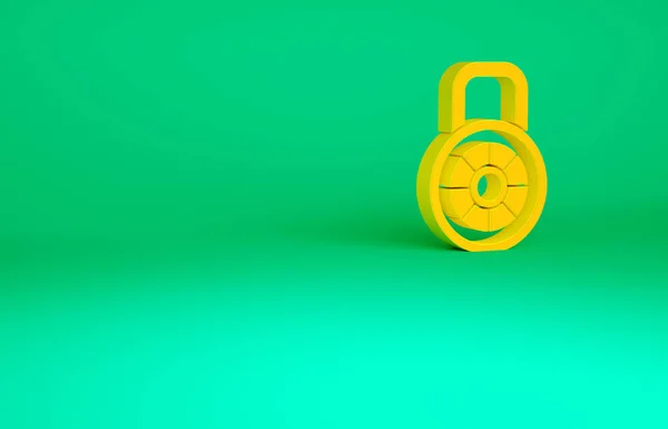 Ikon kunci kombinasi warna oranye yang diisolasi dengan latar belakang hijau. Kunci gembok kombinasi. Keamanan, keamanan, perlindungan, password, privasi. Konsep minimalisme. Tampilan 3D ilustrasi 3d — Stok Foto