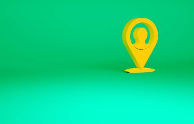 Yeşil arkaplanda izole edilmiş bir kişi simgesinin silueti olan turuncu harita işareti. GPS konum sembolü. Minimalizm kavramı. 3d illüstrasyon 3B canlandırma