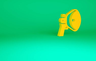 Yeşil arkaplanda izole edilmiş turuncu megafon simgesi. Sözcü işareti. Minimalizm kavramı. 3d illüstrasyon 3B canlandırma