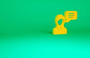 Yeşil arkaplanda turuncu konuşma balonu sohbet simgesi izole edildi. İleti simgesi. İletişim ya da yorum sohbet sembolü. Minimalizm kavramı. 3d illüstrasyon 3B canlandırma