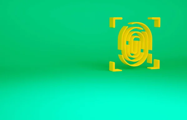 Icono de huella dactilar naranja aislado sobre fondo verde. Icono de aplicación ID. Signo de identificación. Touch id. Concepto minimalista. 3D ilustración 3D render —  Fotos de Stock