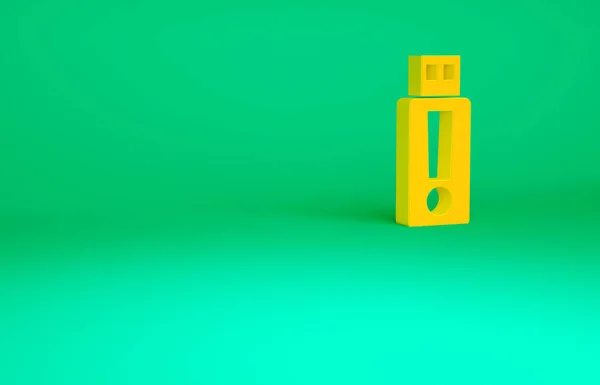 Icona flash drive USB arancione isolata su sfondo verde. Concetto minimalista. Illustrazione 3d rendering 3D — Foto Stock