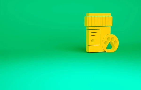 Помаранчева піктограма пляшки для собак ізольована на зеленому тлі. Контейнер з таблетками. Ліки від рецептів для тварин. Концепція мінімалізму. 3D ілюстрація 3D рендеринга — стокове фото