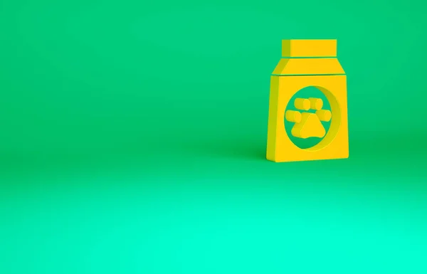 오렌지 백 (Orange Bag) 은 녹색 배경에서 분리 된 개 아이콘을 위한 음식이다. 개나 고양이 발 자국이야. 동물을 위한 음식. 포장 식품 패키지. 미니멀리즘의 개념입니다. 3d 삽화 3D 렌더링 — 스톡 사진