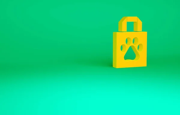 Orange Bolsa de compras icono de mascota aislado sobre fondo verde. Tienda de mascotas en línea. Clínica animal. Concepto minimalista. 3D ilustración 3D render —  Fotos de Stock