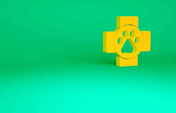 Icono símbolo de la clínica veterinaria naranja aislado sobre fondo verde. Cruz de la señal del hospital. Un perro o gato estilizado con estampado de pata. Signo de primeros auxilios. Concepto minimalista. 3D ilustración 3D render —  Fotos de Stock