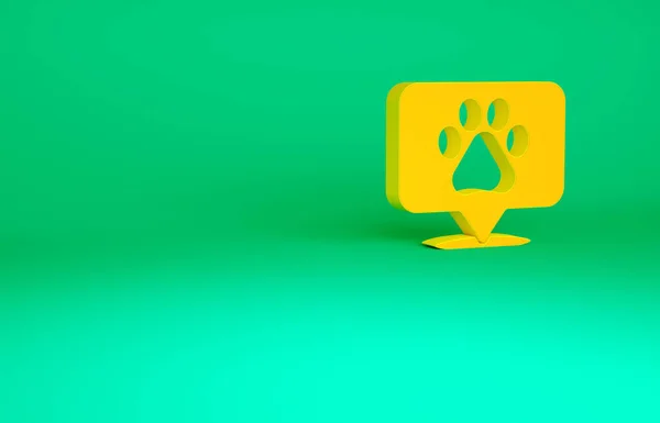 Puntero de mapa naranja con hospital de medicina veterinaria, clínica o tienda de mascotas para animales icono aislado sobre fondo verde. Veterinaria o veterinaria clínica. Concepto minimalista. 3D ilustración 3D render —  Fotos de Stock