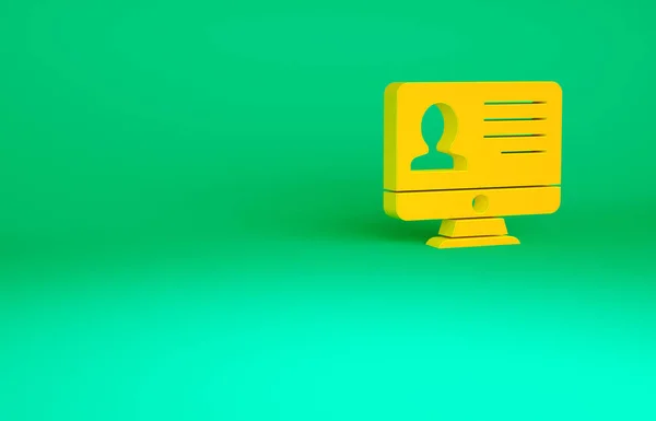 Orange Datorskärm med CV-ikon isolerad på grön bakgrund. CV-ansökan. Söker professionell personal. Analyserar personalens återupptagande. Minimalistiskt koncept. 3D-återgivning för 3D — Stockfoto