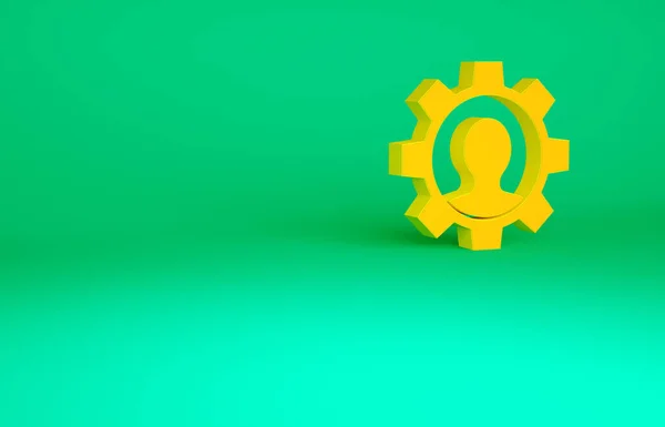 Orange Human with gear icon isolated on green background. Artificial intelligence. Thinking brain sign. Symbol work of brain. Minimalism concept. 3d illustration 3D render