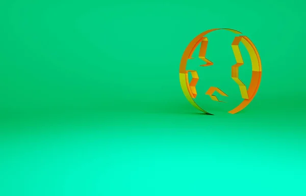 Ícone laranja do globo terrestre isolado no fundo verde. Sinal do mundo ou da Terra. Símbolo global da Internet. Formas geométricas. Conceito de minimalismo. 3D ilustração 3D render — Fotografia de Stock