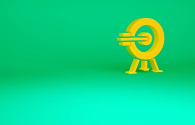 Yeşil zemin üzerinde ok simgesi olan turuncu hedef. Dart tahtası işareti. Okçuluk tahtası simgesi. Dartboard işareti. İş hedefi kavramı. Minimalizm kavramı. 3d illüstrasyon 3B canlandırma