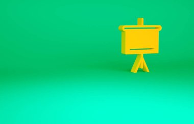 Yeşil arkaplanda turuncu karton simge izole edildi. Okul karatahtası. Minimalizm kavramı. 3d illüstrasyon 3B canlandırma