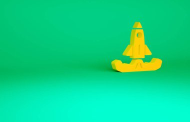 Turuncu Roket simgesi yeşil arkaplanda izole edildi. Minimalizm kavramı. 3d illüstrasyon 3B canlandırma