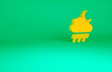 Yeşil zemin üzerinde yağmur ve ay ikonu olan turuncu bulut. Yağmur damlaları ile yağmur bulutu yağışı. Minimalizm kavramı. 3d illüstrasyon 3B canlandırma