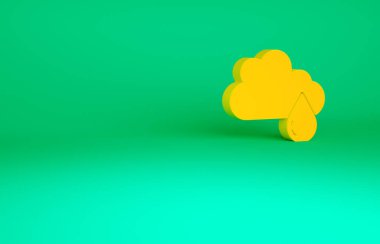 Yeşil arka planda izole edilmiş turuncu bulutlu yağmur ikonu. Yağmur damlaları ile yağmur bulutu yağışı. Minimalizm kavramı. 3d illüstrasyon 3B canlandırma