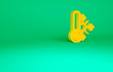Turuncu Meteoroloji termometresi yeşil arka planda izole edilmiş ikonu ölçüyor. Termometre termometresi sıcak ya da soğuk hava gösteriyor. Minimalizm kavramı. 3d illüstrasyon 3B canlandırma