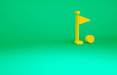 Yeşil arkaplanda turuncu golf bayrağı simgesi izole edildi. Golf ekipmanı ya da aksesuar. Minimalizm kavramı. 3d illüstrasyon 3B canlandırma