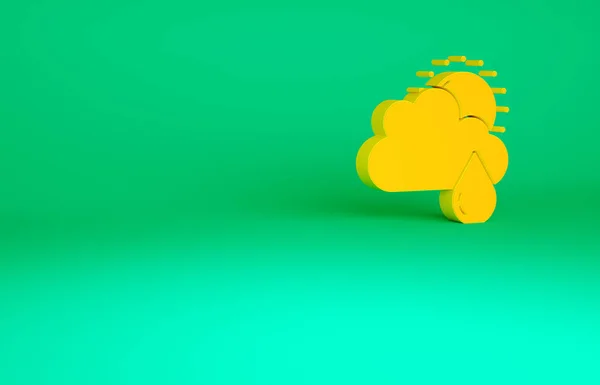 Πορτοκαλί σύννεφο με βροχή και τον ήλιο εικονίδιο απομονώνονται σε πράσινο φόντο. Βροχή σύννεφο βροχόπτωση με σταγόνες βροχής. Μινιμαλιστική έννοια. 3d απεικόνιση 3D καθιστούν — Φωτογραφία Αρχείου
