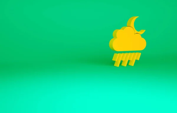 Orange moln med regn och måne ikon isolerad på grön bakgrund. Regn moln nederbörd med regndroppar. Minimalistiskt koncept. 3D-återgivning för 3D — Stockfoto