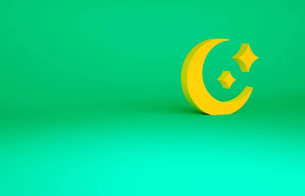 Luna naranja y estrellas icono aislado sobre fondo verde. Concepto minimalista. 3D ilustración 3D render —  Fotos de Stock