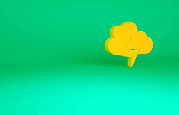 Ícone de tempestade laranja isolado no fundo verde. Sinal de nuvem e relâmpago. Ícone meteorológico da tempestade. Conceito de minimalismo. 3D ilustração 3D render — Fotografia de Stock