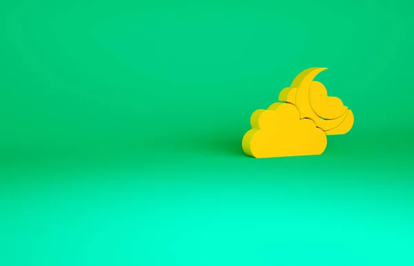 Nube naranja con icono lunar aislado sobre fondo verde. Señal de noche nublada. Sueños del sueño símbolo. Señal de la noche o la cama. Concepto minimalista. 3D ilustración 3D render — Foto de Stock