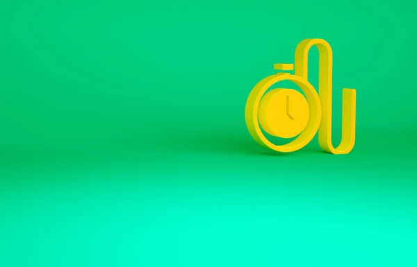 緑の背景に隔離されたチェーンアイコンを持つオレンジウォッチ。最小限の概念。3Dイラスト3Dレンダリング — ストック写真