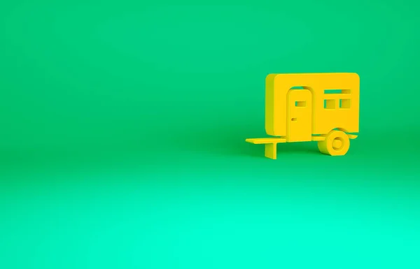 Orange Rv Camping icono del remolque aislado sobre fondo verde. Viaje casa móvil, caravana, casa campista para viajar. Concepto minimalista. 3D ilustración 3D render — Foto de Stock