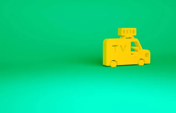 Orange TV News car with equipment on the roof icon isolated on green background. Minimalism concept. 3d illustration 3D render — Stock Photo, Image