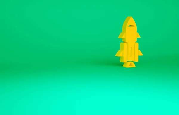 Orange Rocket ship with fire icon isolated on green background. Space travel. Minimalism concept. 3d illustration 3D render — Stock Photo, Image