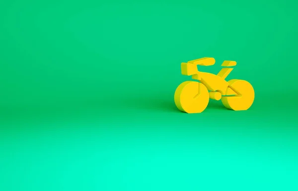 Pomarańczowa ikona rowerowa izolowana na zielonym tle. Wyścig rowerowy. Ekstremalny sport. Urządzenia sportowe. Koncepcja minimalizmu. Ilustracja 3D 3D renderowania — Zdjęcie stockowe